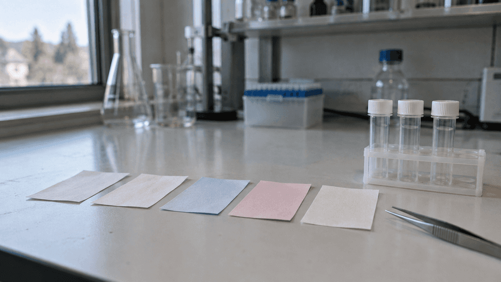 Five small blank sheets of thin paper, three white, one pale blue and one pale pink, laid in a row on a white laboratory bench beside three capped empty vials in a rack and a pair of steel tweezers.