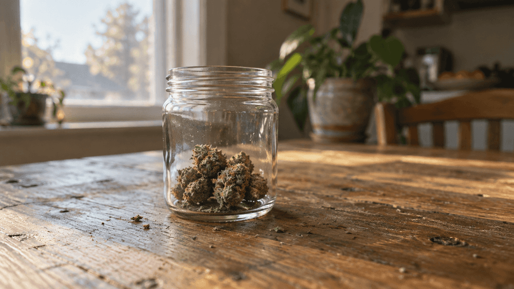 A few dried hemp flower buds in an open, unlabeled clear glass jar on a worn wooden kitchen table, with a window and a potted plant blurred behind it.