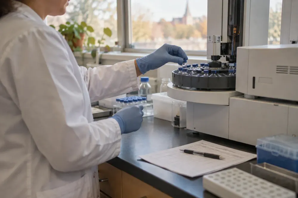 A public-health lab chemist at a bench loads small glass vials into an autosampler tray of an analytical instrument, lit by daylight from a window.