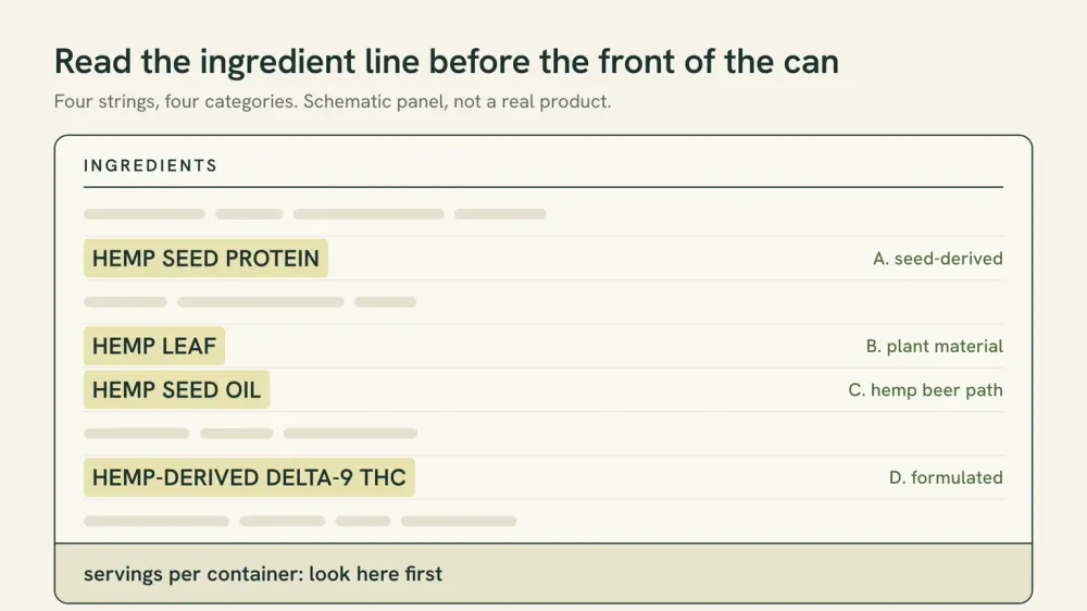Schematic ingredient panel with four sorting strings highlighted: hemp seed protein, hemp leaf, hemp seed oil, and hemp-derived delta-9 THC, each tagged with the category it places the drink in.