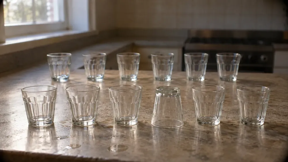 Twelve small drinking glasses on a kitchen counter, eleven standing upright and one turned upside down.