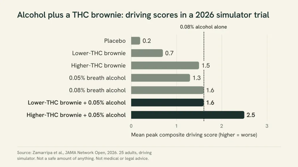 Bar chart of mean peak driving scores in a 2026 simulator trial of 25 adults. Placebo scored 0.2 and 0.08% alcohol 1.6; a lower-THC brownie plus 0.05% alcohol scored 1.6 and a higher-THC brownie plus 0.05% scored 2.5.