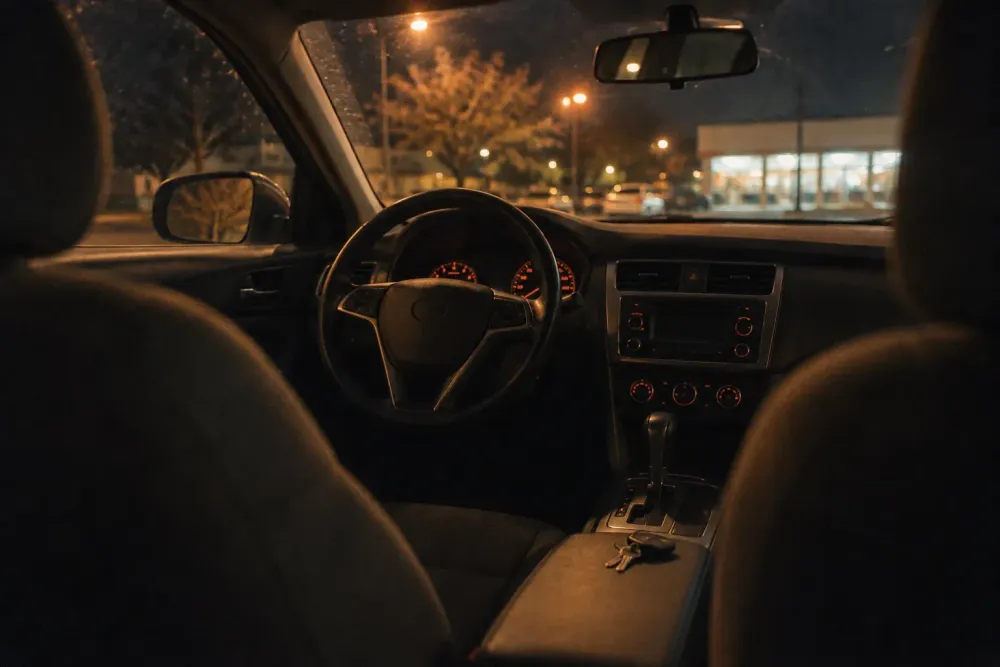 The dashboard and empty driver's seat of a parked car at night, lit by streetlights through the windshield.
