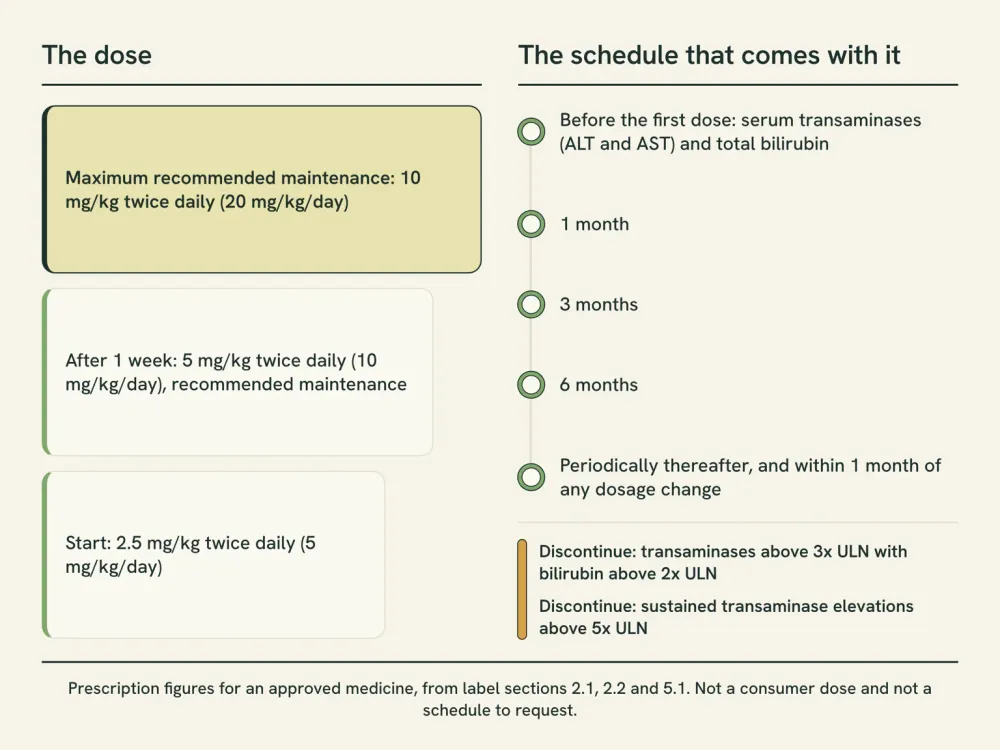 A two-column chart pairing the label's weight-based titration ladder with the laboratory schedule that runs alongside it, from bloodwork before the first dose through the two named discontinuation thresholds.