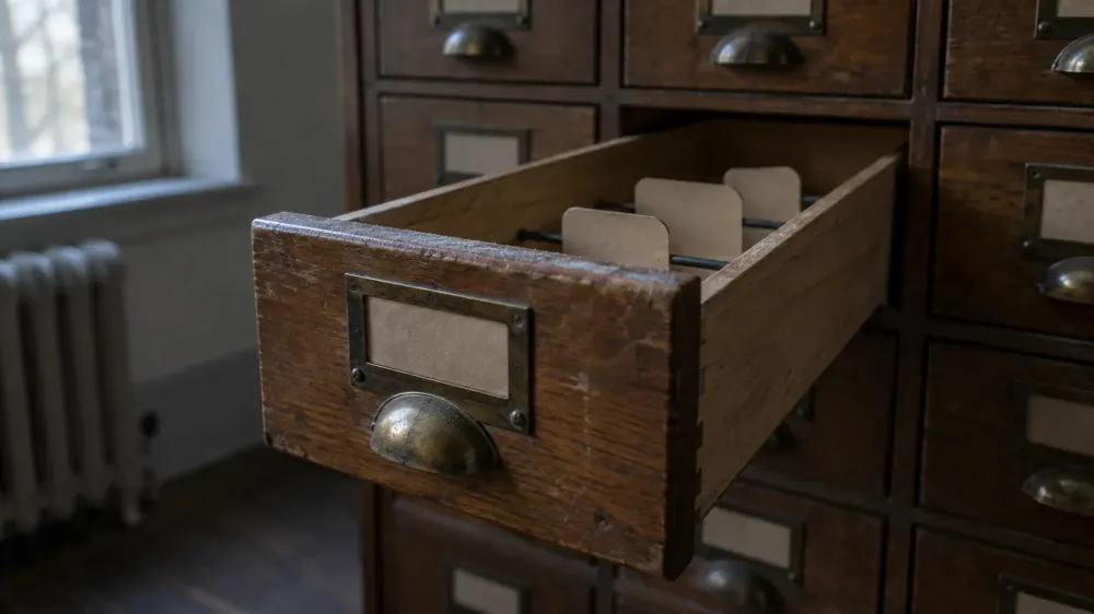 An open wooden card catalogue drawer pulled halfway out, its metal rod in place and its dividers standing, with no cards inside.