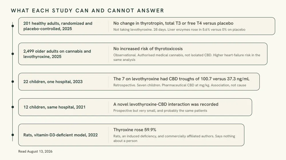 Evidence ladder graphic listing five studies from a rat model up to a randomized trial in 201 adults, with what each one can and cannot answer.