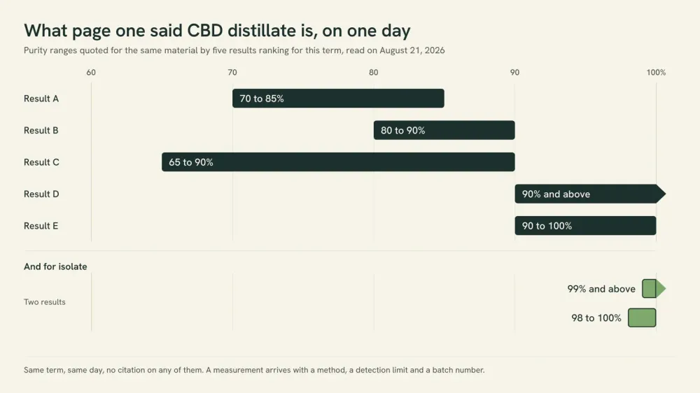 Range chart of five page-one purity claims for CBD distillate on one percentage axis, anonymized as Result A to E: 70 to 85, 80 to 90, 65 to 90, 90 and above, and 90 to 100 percent.