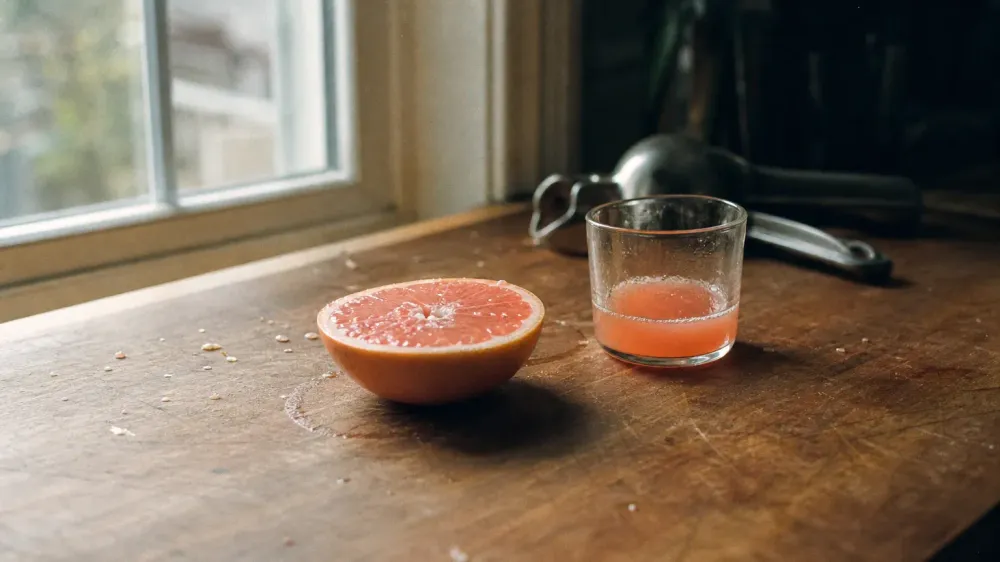 A halved pink grapefruit and a small glass of juice on a kitchen counter in soft morning light.