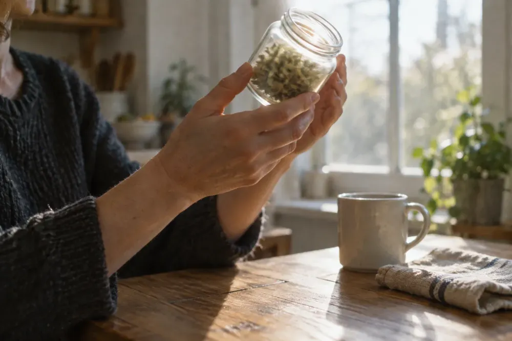 An adult's hands hold a small clear glass jar up to window light at a kitchen table, looking closely at dried contents that are soft and out of focus.