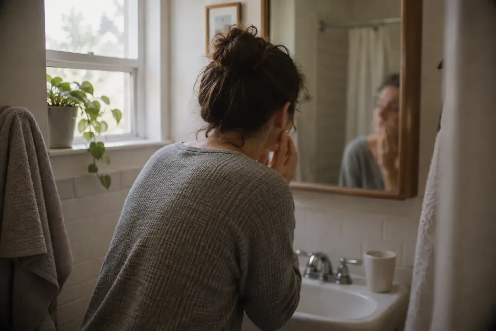 An adult stands at a bathroom mirror in morning daylight, leaning in slightly toward their reflection, face partly turned away.