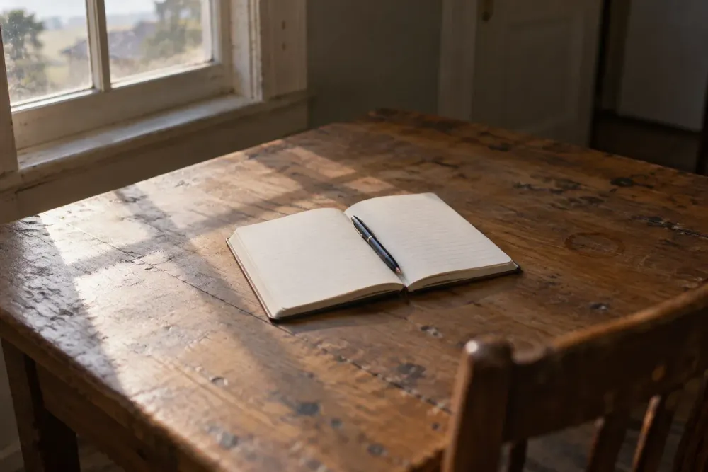 An open blank notebook and a capped pen on a worn wooden table beside a window in pale early light, the pages empty.