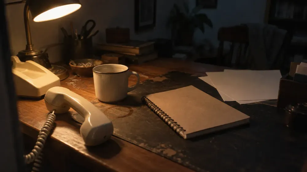 A corded telephone handset lying off its cradle on a cluttered desk beside a spiral notepad and a cooling mug, lit by a single desk lamp at night.
