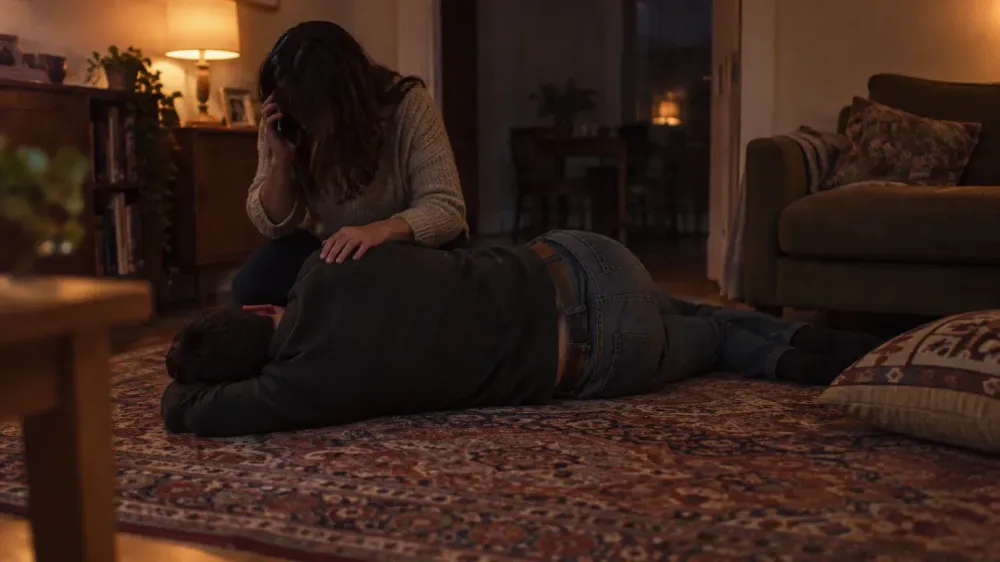 A person kneeling on a living-room rug beside a friend lying on their side, one hand resting on the friend's shoulder and a phone held to their ear.