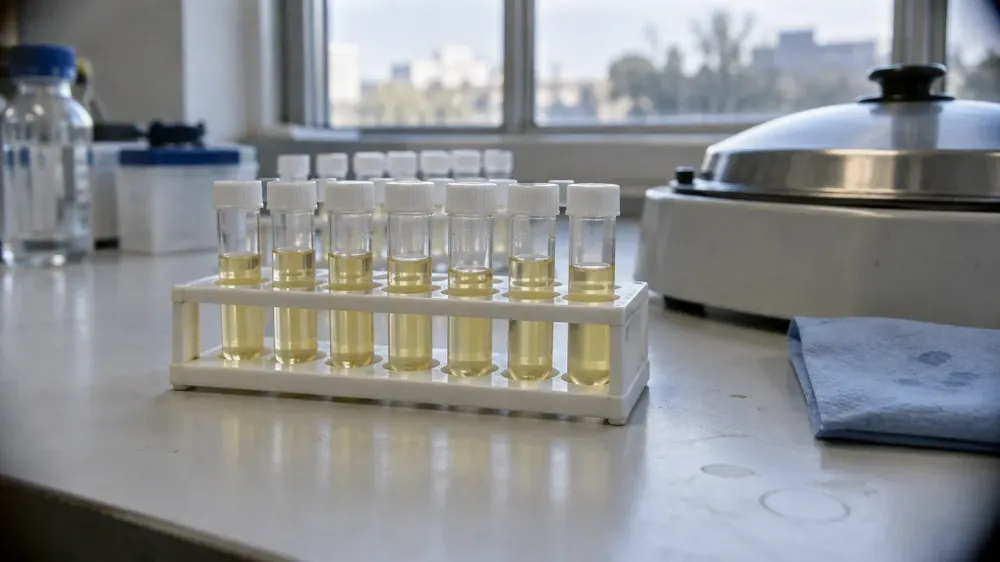 A rack of capped clear urine sample tubes on a laboratory bench, softly out of focus toward the back.