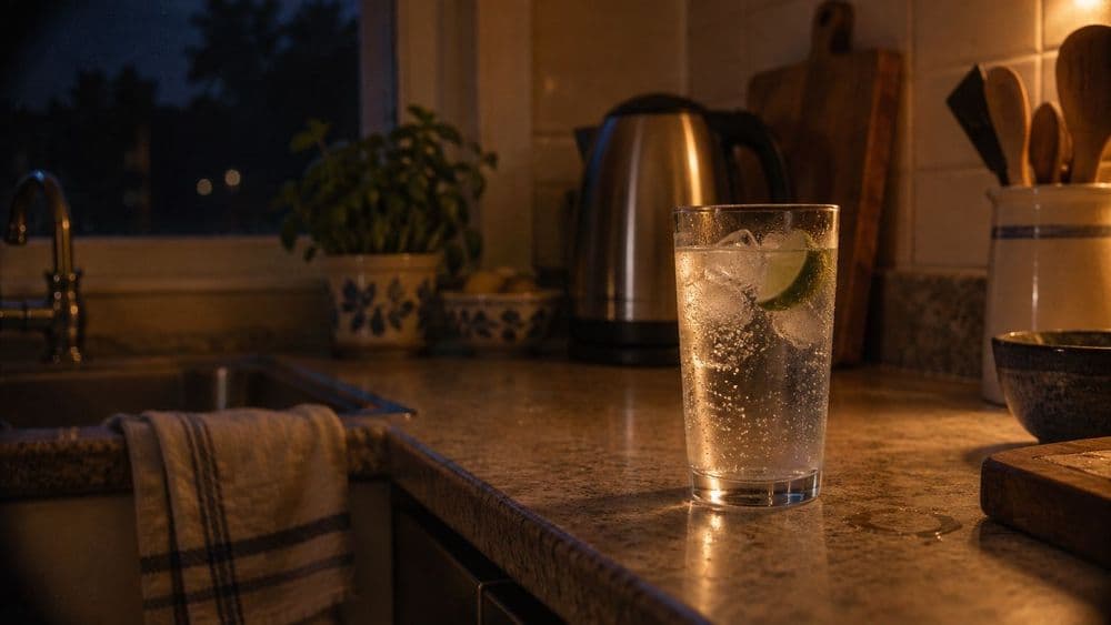 A tall glass of sparkling water with ice and a wedge of lime standing on a kitchen counter in the evening beside a kettle, lit by a single warm lamp.