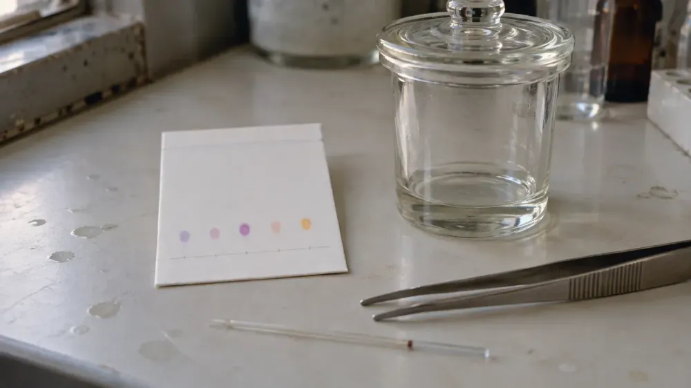 A small thin-layer chromatography plate with faint colored spots in a row, resting beside a glass developing jar on a laboratory bench.