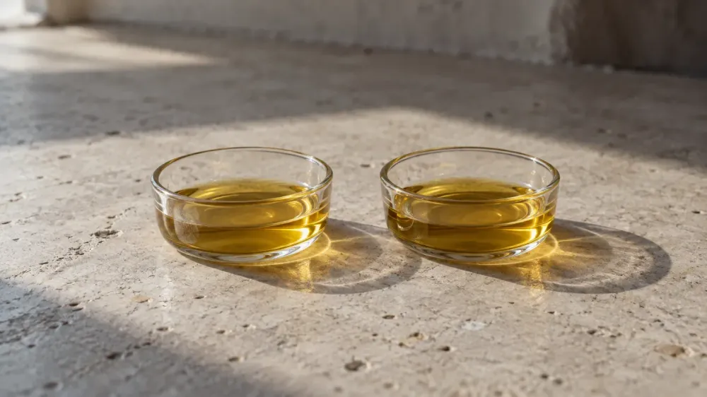 Two identical small glass dishes side by side on a pale stone surface, each holding the same shallow pool of clear golden oil, lit from one side.