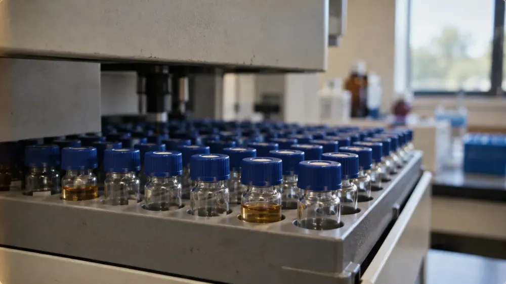 Rows of small capped glass sample vials seated in the tray of a laboratory chromatography instrument, photographed close with shallow focus.