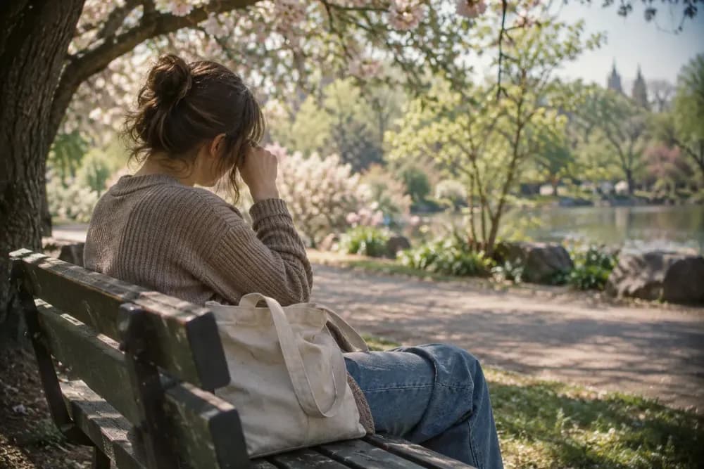 An adult on a park bench in spring daylight, turned away from the camera, raises a hand to rub one eye, with a canvas tote bag beside them.