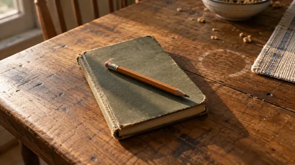 A small closed notebook with a soft worn cover and a short pencil resting on top, sitting on a scratched wooden kitchen table in late afternoon light.