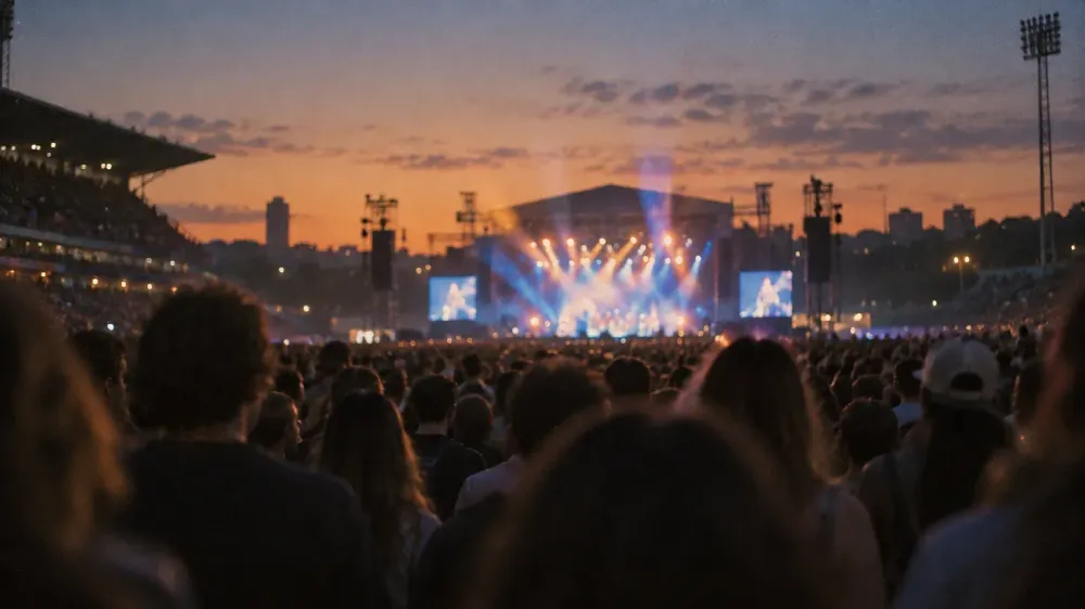 An open-air stadium concert at dusk seen from behind the crowd, stage lights in the distance and a faint haze hanging in the light beams above the audience.