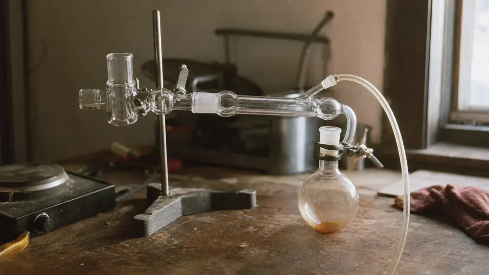 Generic laboratory glassware on a bench, a distillation head and receiving flask joined by vacuum tubing, amber film clinging to the inside of the glass.