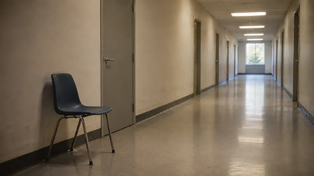 A single empty chair against the wall of an institutional corridor beside a closed door, overhead lights on and nobody in sight.