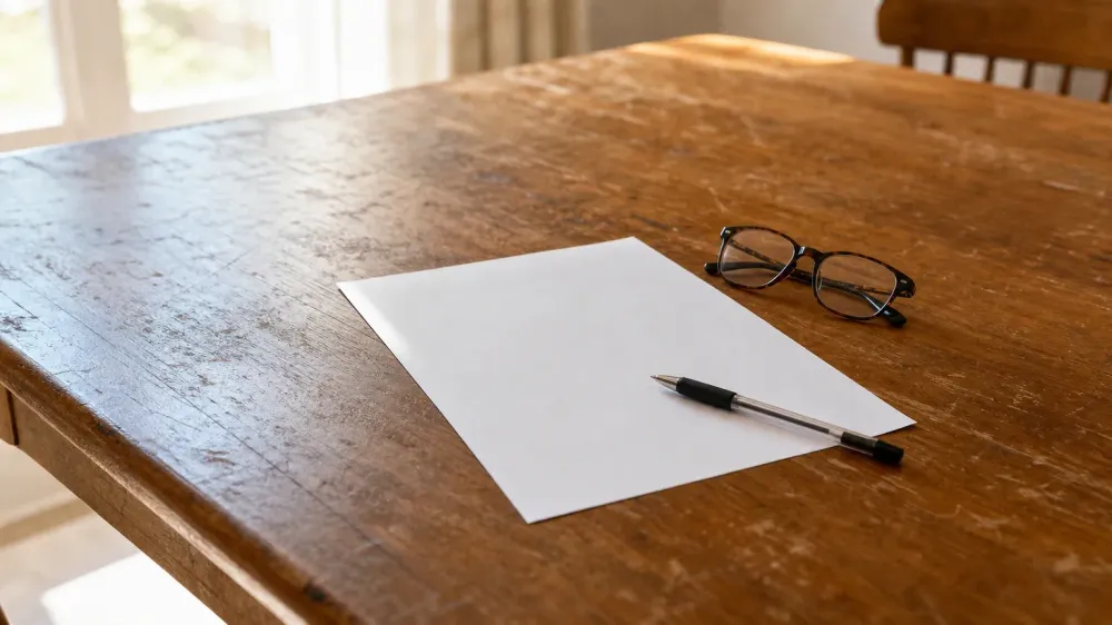 A plain sheet of paper lying face down on a worn wooden table beside a pen and a pair of reading glasses, lit by soft daylight from a window on the left.