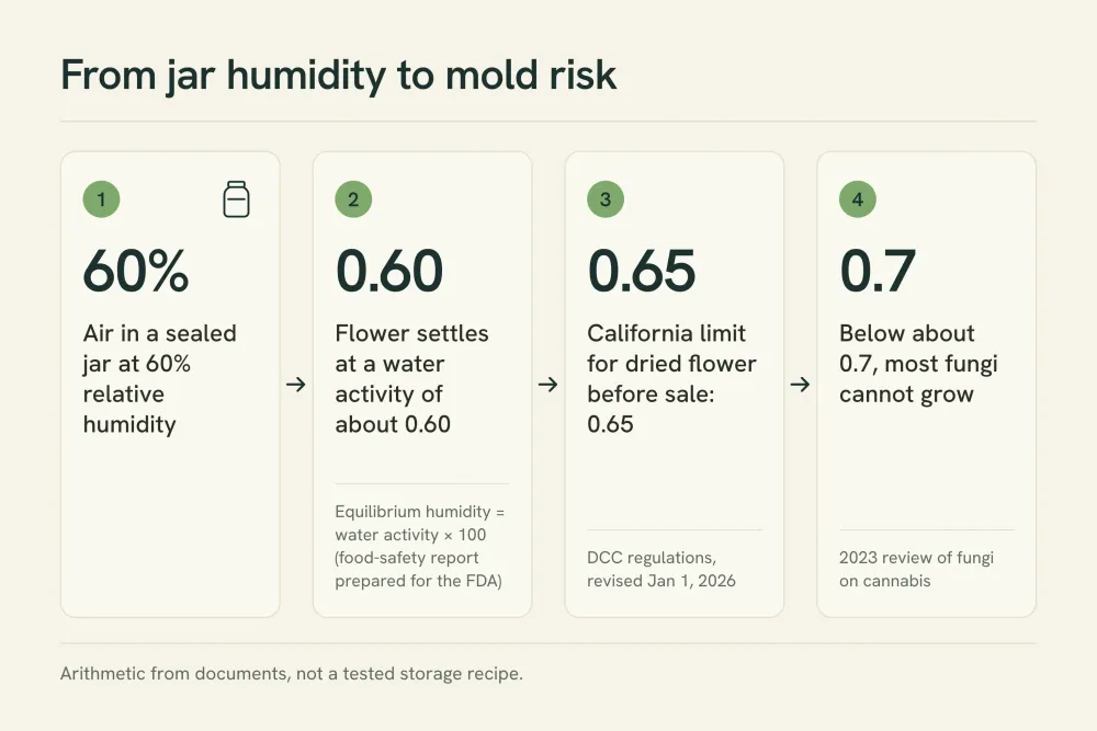 Chain diagram: air at 60% relative humidity in a sealed jar, flower water activity about 0.60, California's 0.65 pre-sale limit for dried flower, and below about 0.7 most fungi cannot grow.