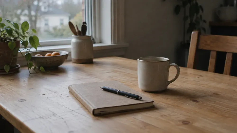 A closed paper notebook with a pen resting on it beside a mug on a kitchen table, in soft morning window light.