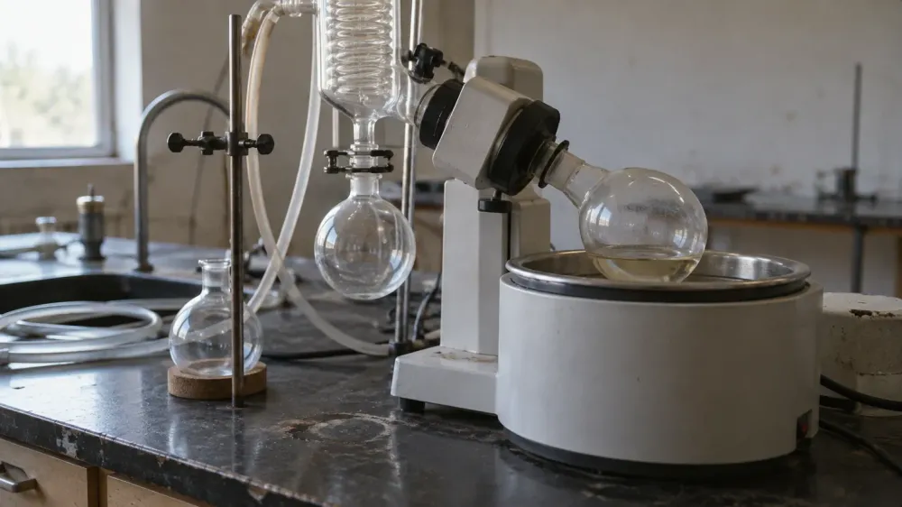 A worn laboratory bench with a round-bottom flask mounted on a rotary evaporator, a clamp stand and empty glassware beside it, in flat daylight.