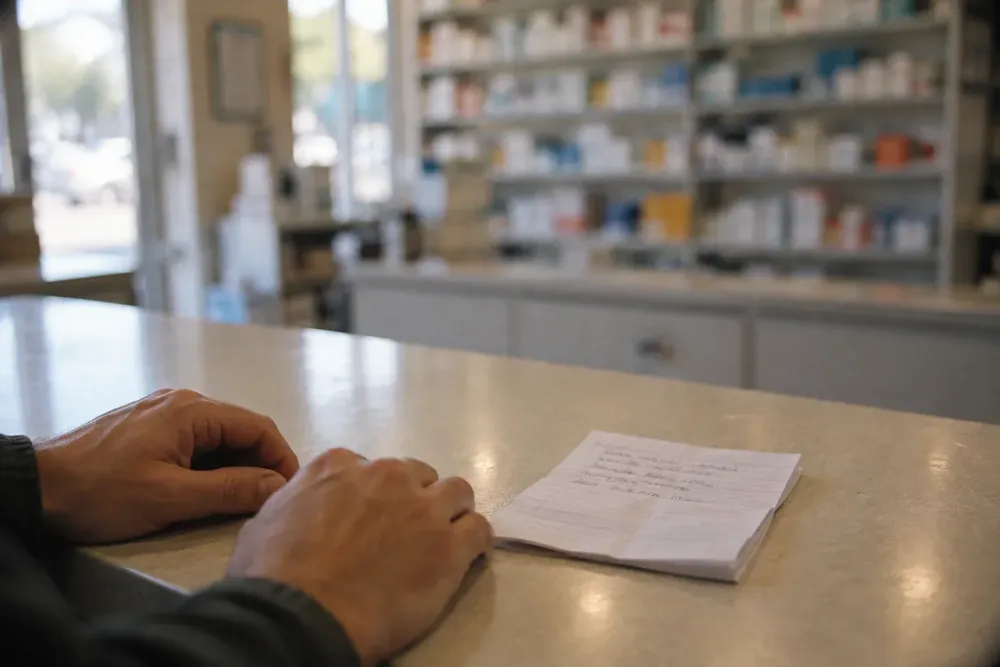 An adult's hands resting on a neighborhood pharmacy counter beside a folded handwritten list, with shelves softly out of focus behind.