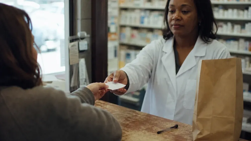 A customer at a pharmacy counter handing a handwritten list of everything they take across to a pharmacist.