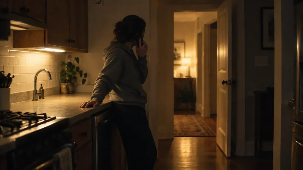 A person standing in a dim kitchen at night, leaning on a bare counter with a phone held to one ear, looking toward a softly lit doorway.