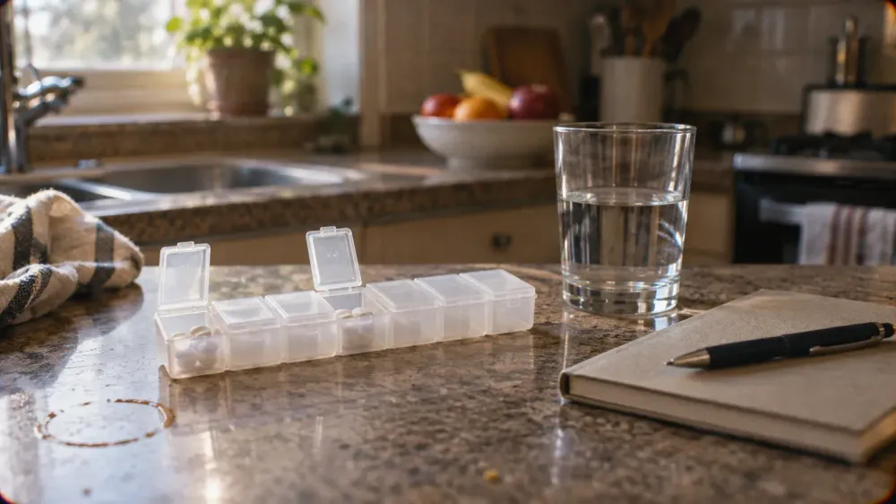 A weekly pill organizer with a few compartments open on a kitchen counter in morning light, beside a glass of water and a closed notebook with a pen resting on it.