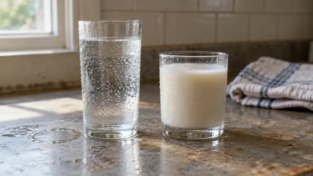 A tall glass of clear sparkling water and a shorter glass of opaque pale seed milk standing side by side on a lived-in kitchen counter, both beaded with condensation in flat daylight.