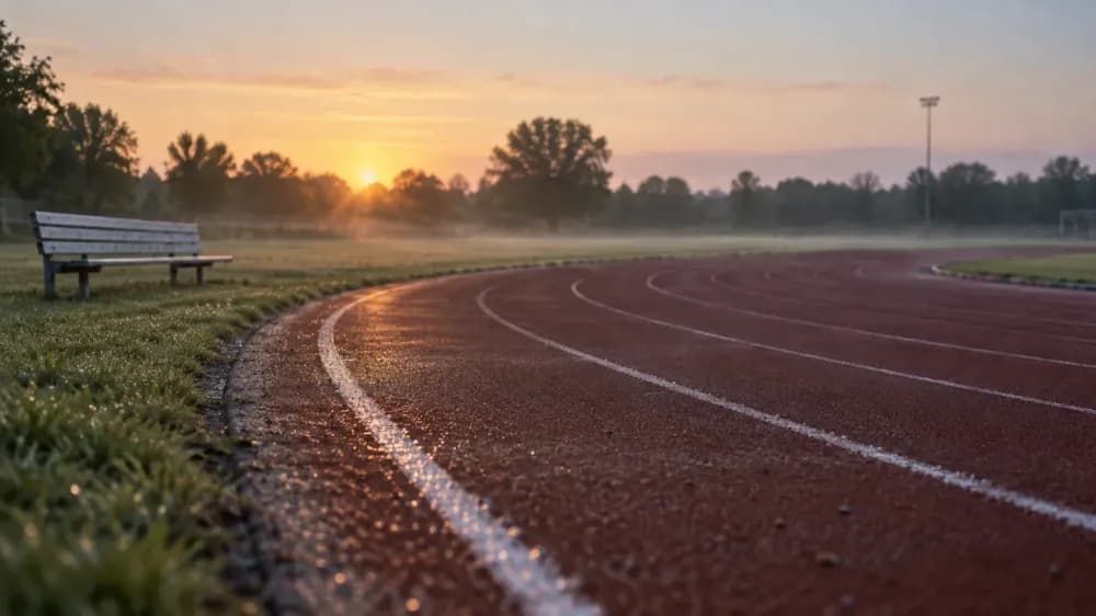 An empty outdoor running track at dawn, dew on the lane lines, a single bench at the edge of the infield.