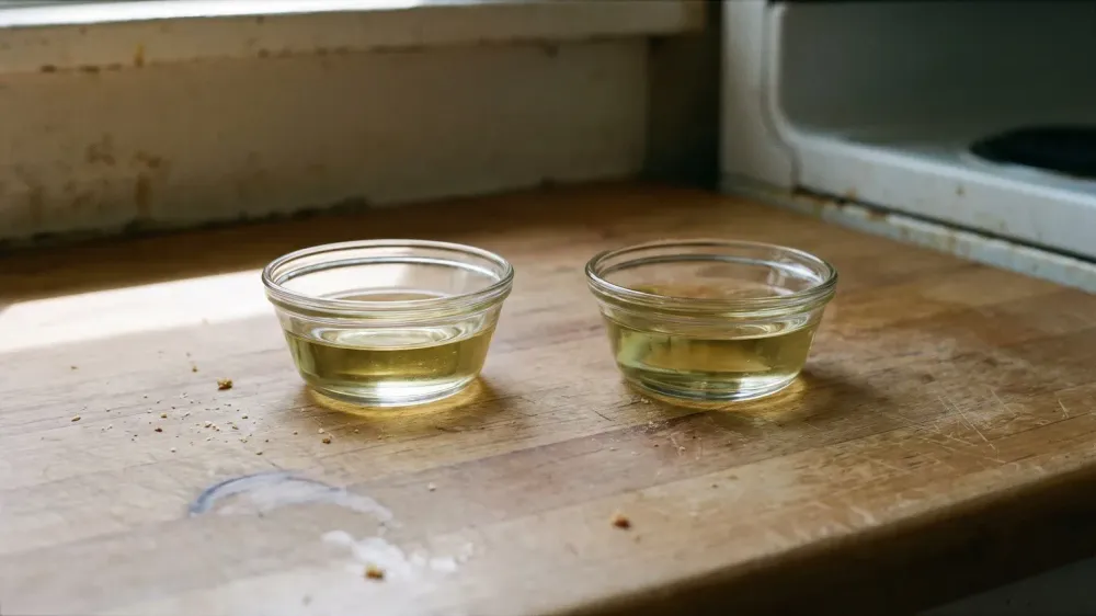 Two small shallow glass dishes of pale gold oil on a plain kitchen counter, one sitting in a band of window light and the other just outside it in shadow.