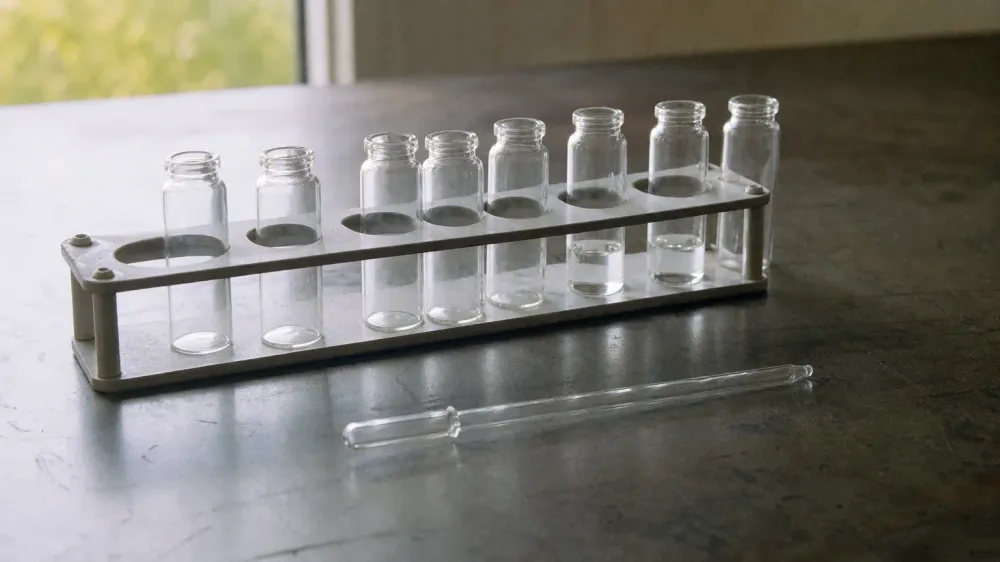 A rack of small unlabeled clear glass vials on a plain laboratory bench in daylight.