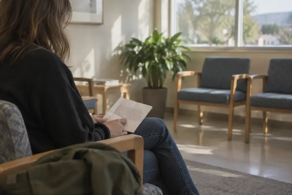 An adult sitting in a bright clinic waiting area, holding a folded handwritten list on their lap.