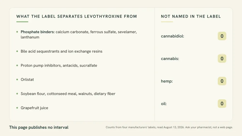 Contrast graphic showing the agents the levothyroxine label attaches its four-hour separation rule to, beside a panel noting that cannabidiol, hemp, cannabis and oil appear zero times in the label.