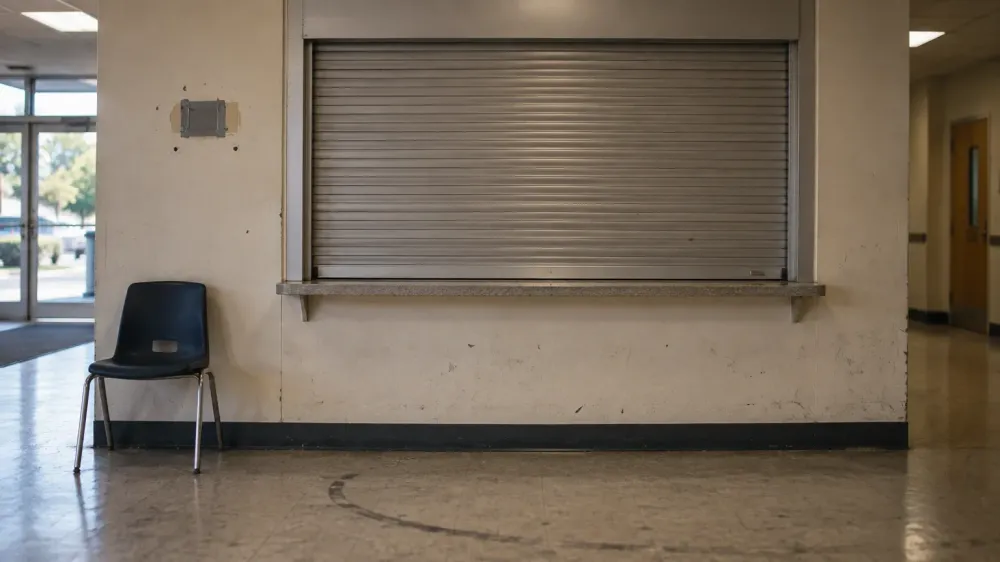 A closed public service counter in an ordinary government building, the roller shutter pulled down over the window and a bare chair set against the wall beside it.