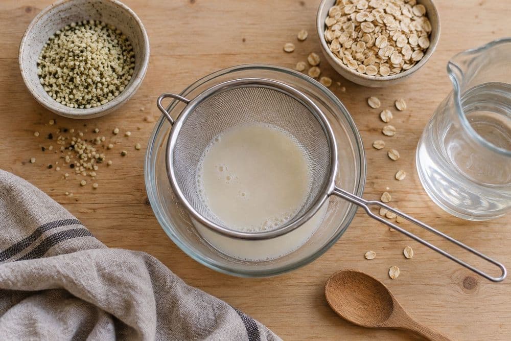 Overhead view of a kitchen counter with the raw ingredients of plant milk: a bowl of hulled hemp seeds, a bowl of rolled oats, a glass pitcher of water and a fine mesh strainer over a glass bowl of finished milk.
