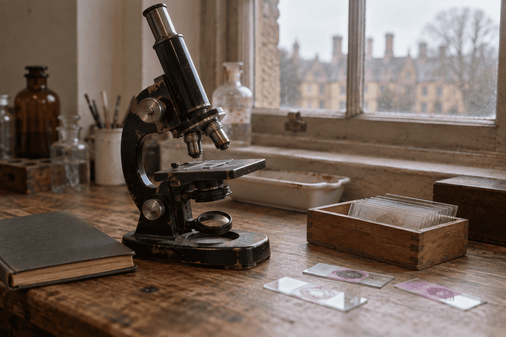 An old black microscope on a worn wooden lab bench beside a small wooden tray of glass slides, lit by window light.