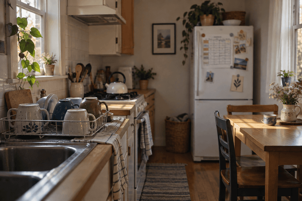 A shared house kitchen in soft morning light with several mismatched mugs drying on a rack, a kettle on the stove and a chore chart on the fridge.