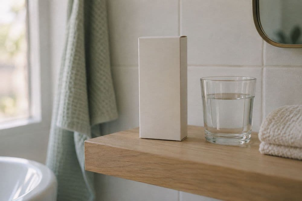 An unopened home pregnancy test box on a bathroom shelf beside a glass of water, in soft morning window light.