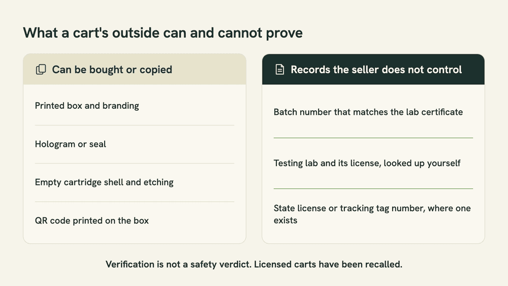Two-column chart. Left, things that can be bought or copied: printed box, hologram, empty cartridge shell, box QR code. Right, records the seller does not control: matching batch number, lab license lookup, state tracking tag.