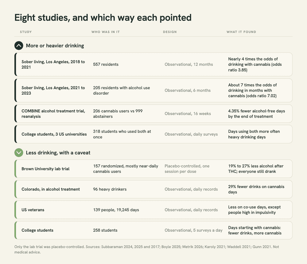 Chart of eight studies on cannabis and drinking. Four found more or heavier drinking alongside cannabis. Four found less drinking, in one lab session or on some days, each with a caveat.