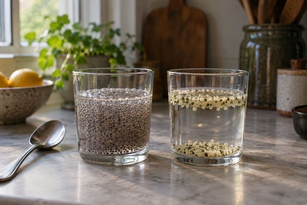 Two clear glasses on a kitchen counter: in one, soaked chia seeds sit suspended in a thick, translucent gel; in the other, hemp hearts float and settle in still-clear water as separate soft kernels.