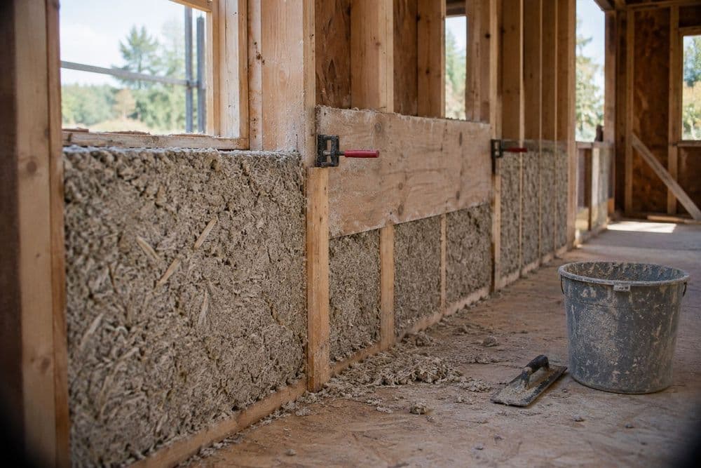 Timber stud wall of a house under construction, its lower bays packed with rough, grayish hemp-lime infill, a plywood formwork board clamped to the studs, and a bucket and trowel on the subfloor.